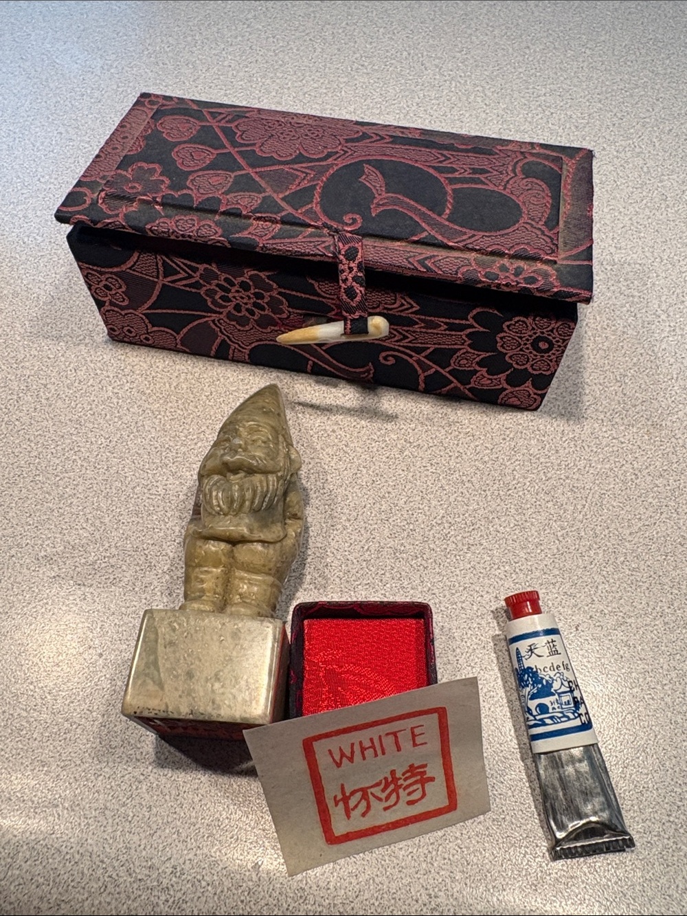 Vtg Chinese Shoushan Carved Gnome Stamp in Box